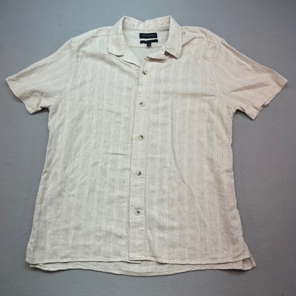 Banana Republic Mens Large Beige Striped Linen Blend Short Sleeve Camp Shirt